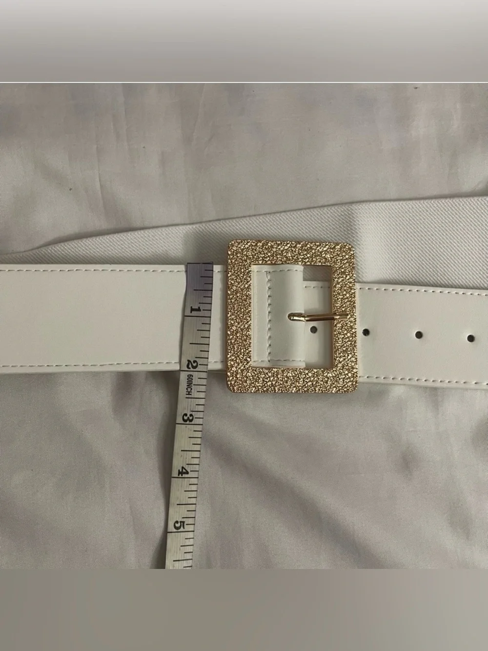 Plus size white PU leather gold tone square buckle elastic waistband belt
